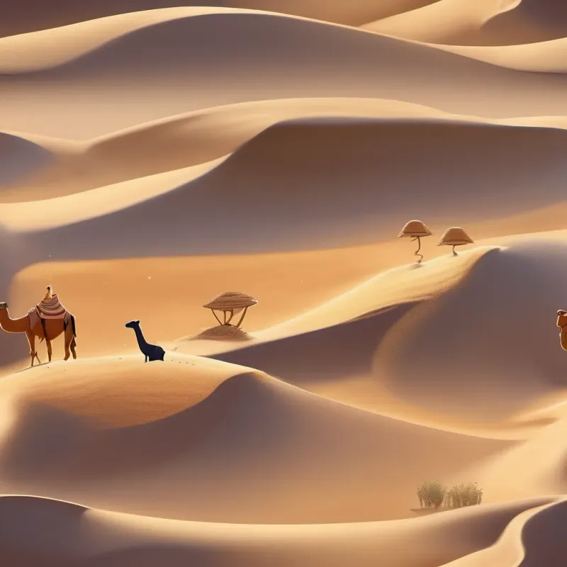 Camel and ant journeying through hot sand, camel humming a lullaby.