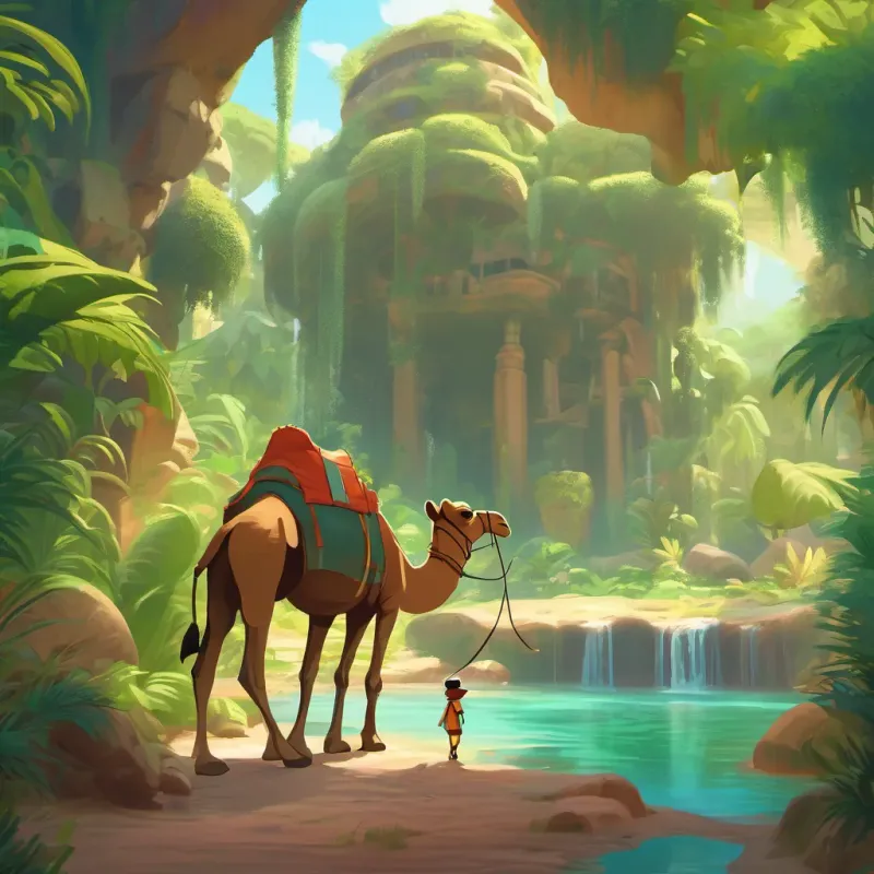 A cool, lush oasis with sparkling water, camel and ant arriving.