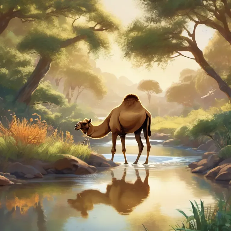 Camel placing ant beside shimmering water, ant drinking from cool stream and expressing gratitude.