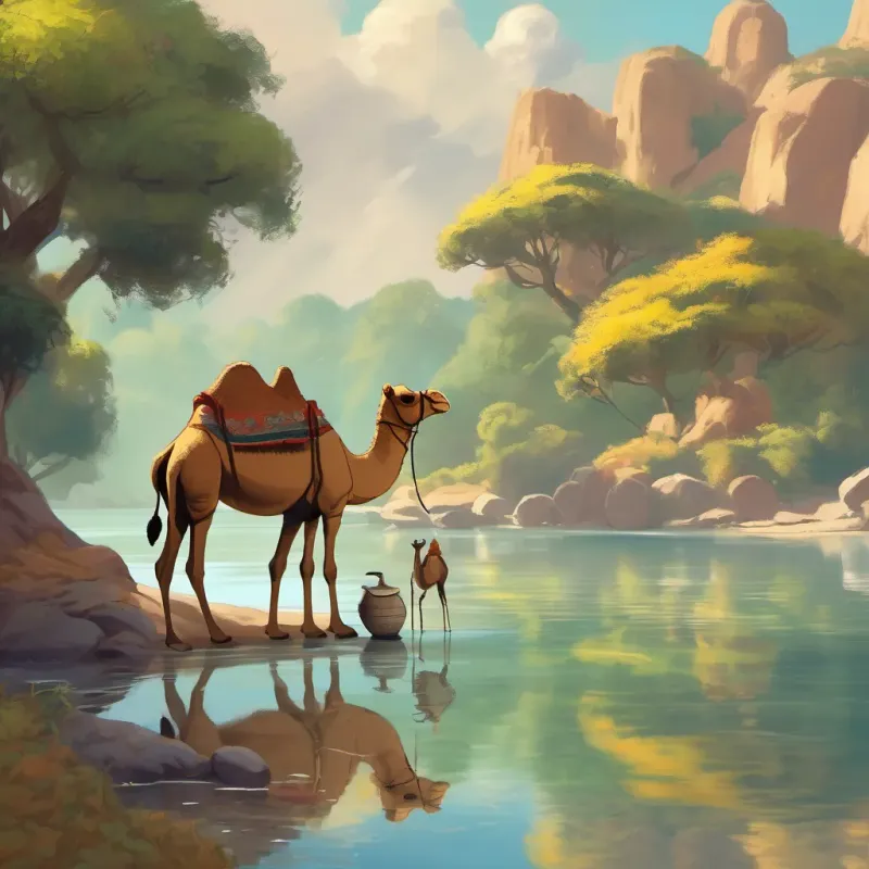 Camel and ant having a warm conversation beside the water, emphasizing patience.