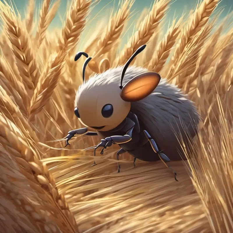 Ant carrying the grain of wheat towards his nest, looking revitalized and determined.