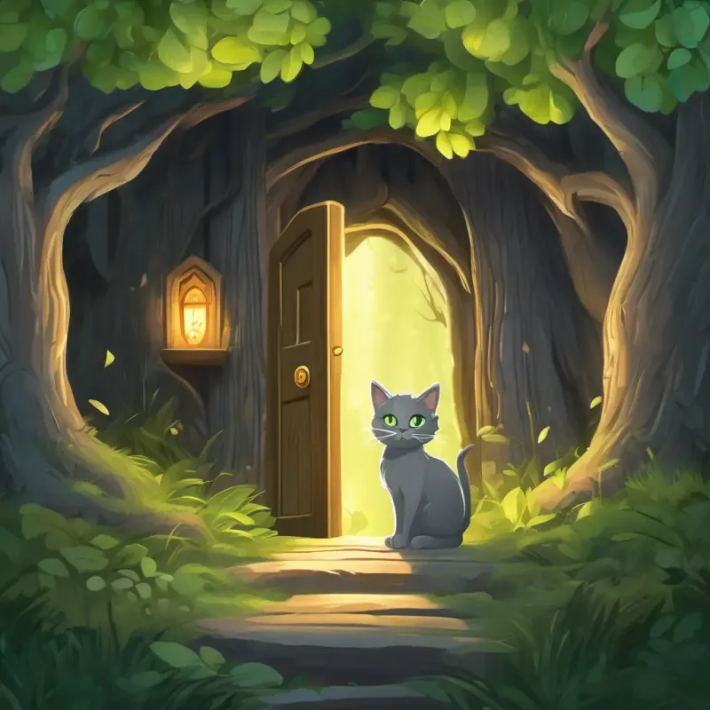 A gray kitty with green eyes, a gray kitty with green eyes, finds a hidden door in an oak tree and enters a magical forest.