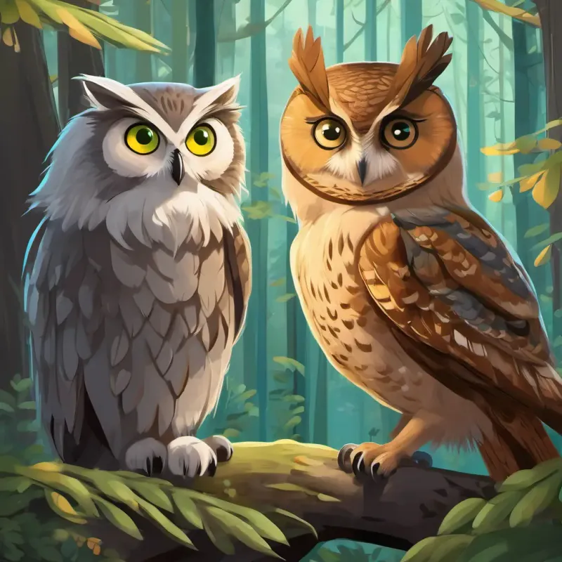 A gray kitty with green eyes meets A wise owl with brown feathers and big round eyes, a wise owl with brown feathers and big round eyes, who tells her about the Enchanted Forest.
