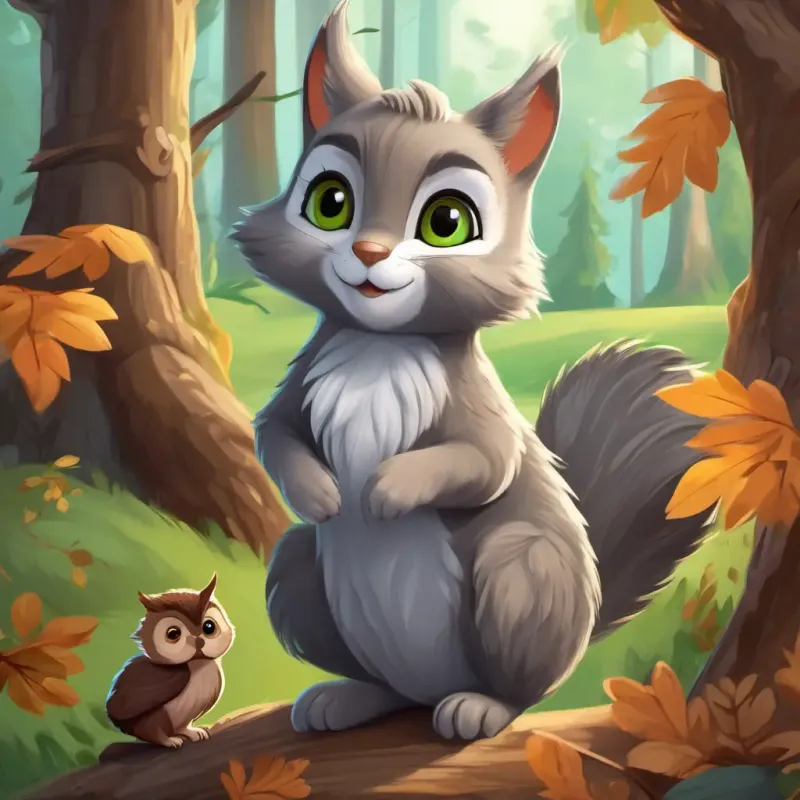 A gray kitty with green eyes and A wise owl with brown feathers and big round eyes meet A mischievous squirrel with a bushy tail and quick little paws, a mischievous squirrel with a bushy tail and quick little paws.