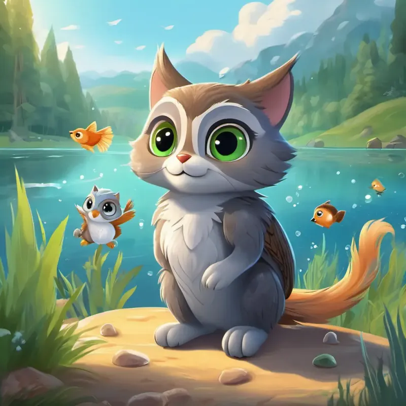 A gray kitty with green eyes, A wise owl with brown feathers and big round eyes, and A mischievous squirrel with a bushy tail and quick little paws discover a sparkling lake with talking fish, who share stories of underwater kingdoms.