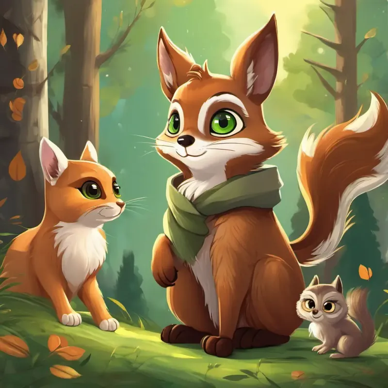 A gray kitty with green eyes, A wise owl with brown feathers and big round eyes, and A mischievous squirrel with a bushy tail and quick little paws meet A friendly deer with a beautiful coat of brown fur and gentle eyes, a friendly deer with a beautiful coat of brown fur and gentle eyes, who offers to guide them to the Tree of Wishes.