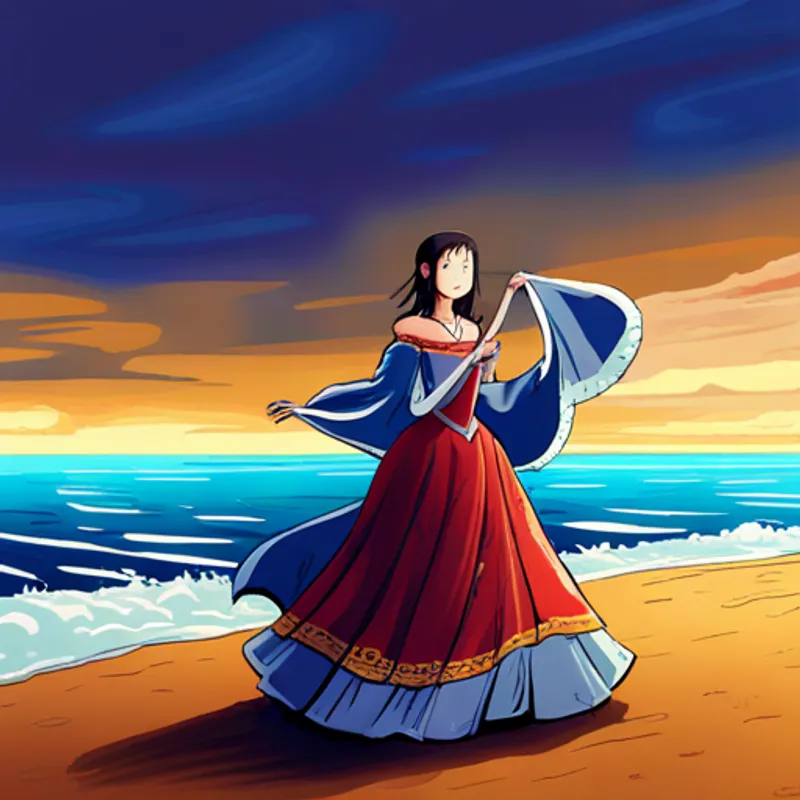 Ilustración del ser del El viento, invisible pero lleno de historias y secretos. con colores brillantes y un vestido flotante
