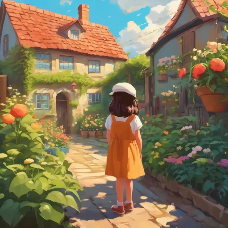 Little girl in her garden in a small town