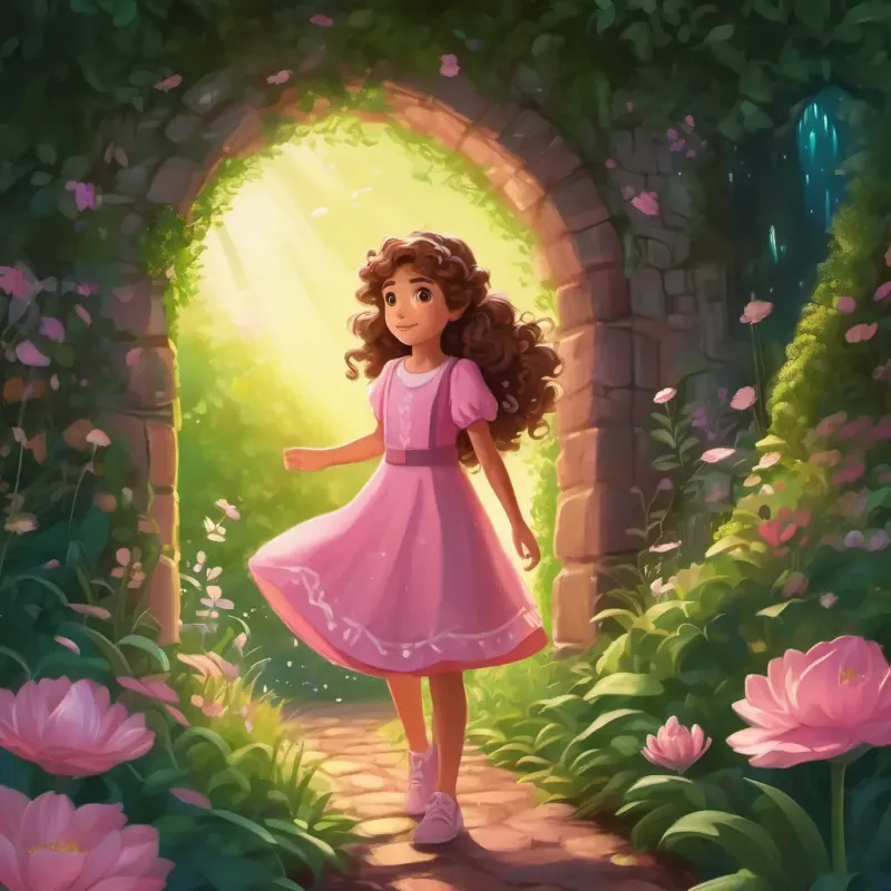 Curly brown hair, sparkly green eyes, wearing a pink dress finding a mysterious portal in her garden and entering a magical land