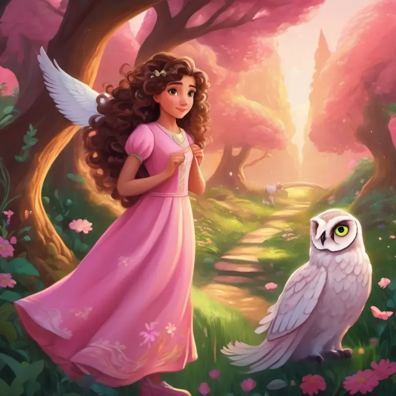 Curly brown hair, sparkly green eyes, wearing a pink dress meeting a unicorn and an owl in the Land of Wonders