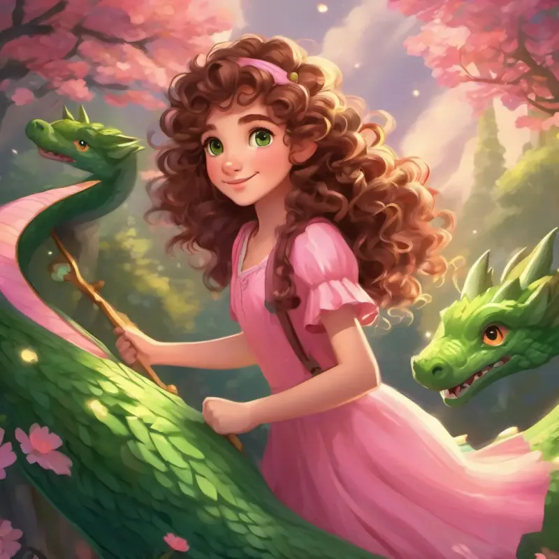 Curly brown hair, sparkly green eyes, wearing a pink dress making friends with fairies, elves, and a dragon, going on thrilling adventures