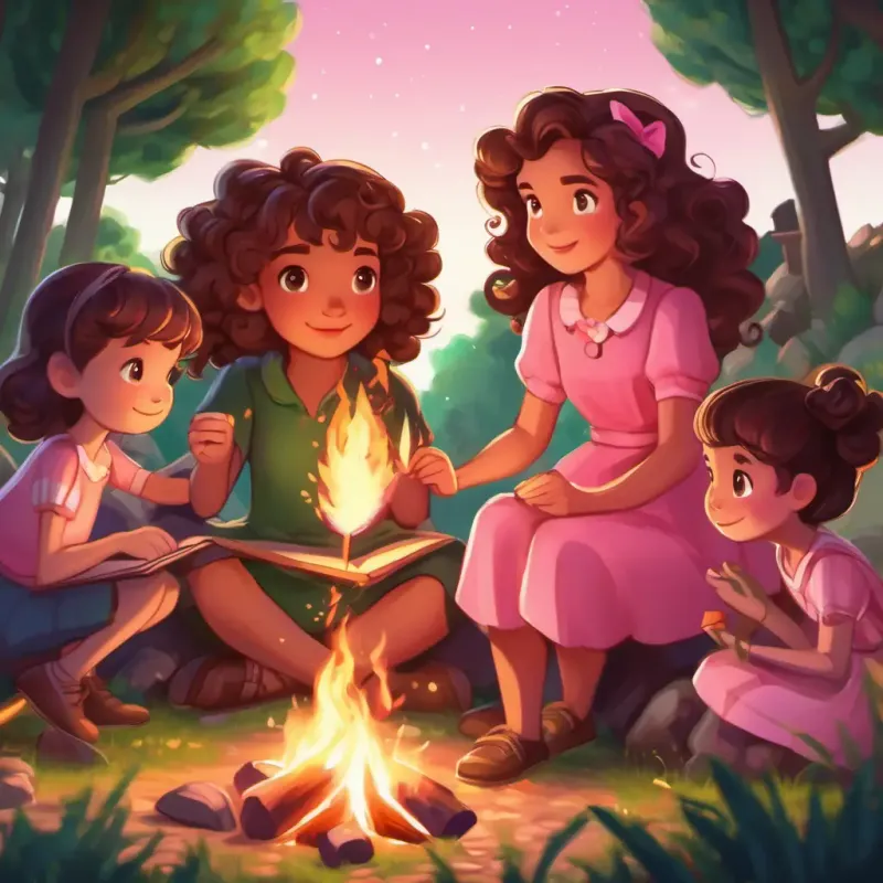 Curly brown hair, sparkly green eyes, wearing a pink dress and her friends gathering around a campfire in the Land of Wonders