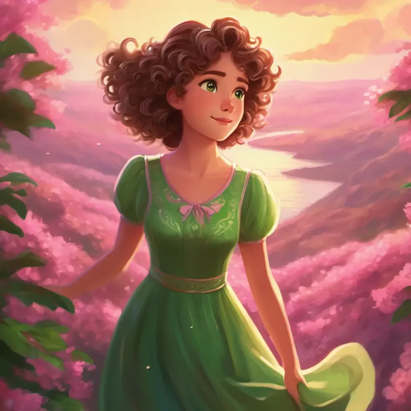 Curly brown hair, sparkly green eyes, wearing a pink dress saying goodbye and leaving the Land of Wonders