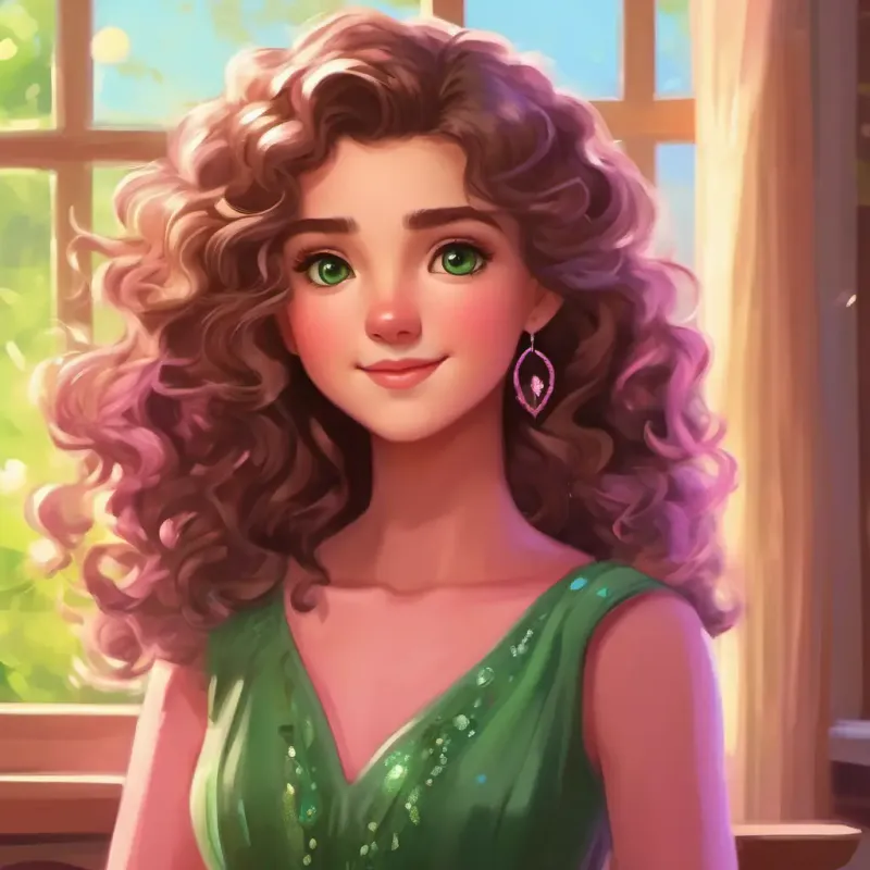 Curly brown hair, sparkly green eyes, wearing a pink dress cherishing her memories and looking forward to her next adventure