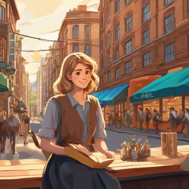 The story takes place in a busy city. Laura has brown eyes and brown blonde stripy hair has brown eyes and brown blonde stripy hair. She smiles at her work mates.