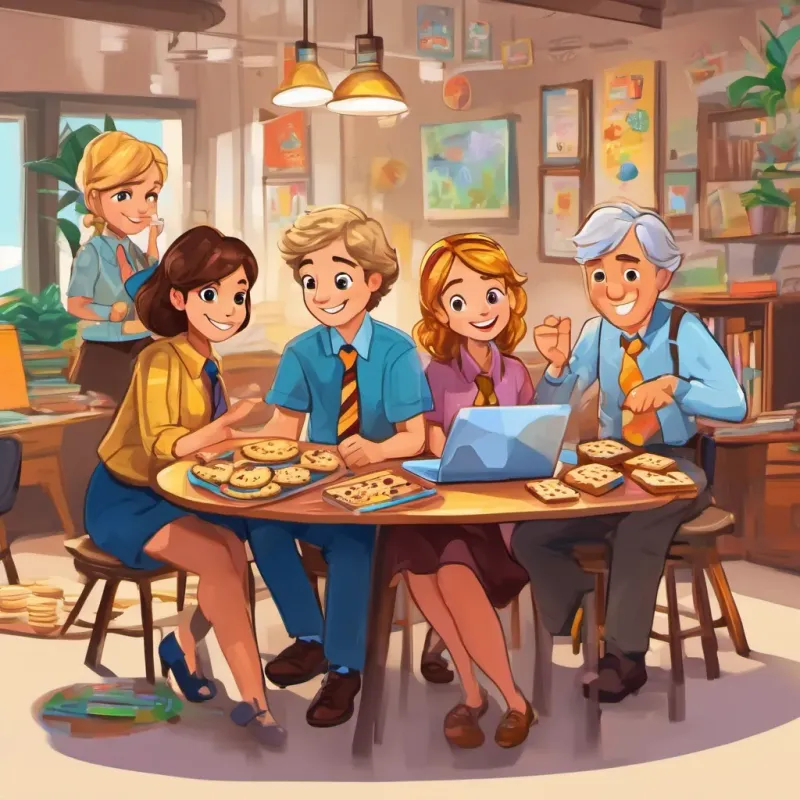 Laura has brown eyes and brown blonde stripy hair is at the office with Mr Johnson wears colorful ties, Mrs Martinez makes yummy cookies, Sam tells funny jokes, Lily loves to dance, and Andy is a tech expert. They are all happy and enjoying their work.