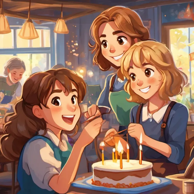 People sometimes call Laura has brown eyes and brown blonde stripy hair 'Rora,' but it doesn't bother her. Laura has brown eyes and brown blonde stripy hair and her work mates are laughing, helping each other, and celebrating a birthday.