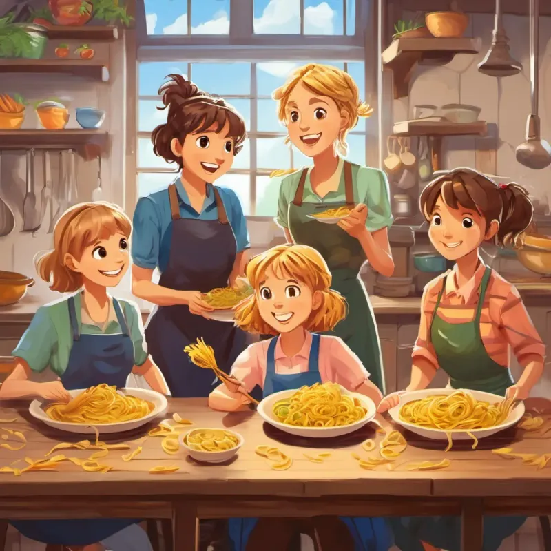 Laura has brown eyes and brown blonde stripy hair surprises her work mates with pasta. They all eat together and have big smiles on their faces.