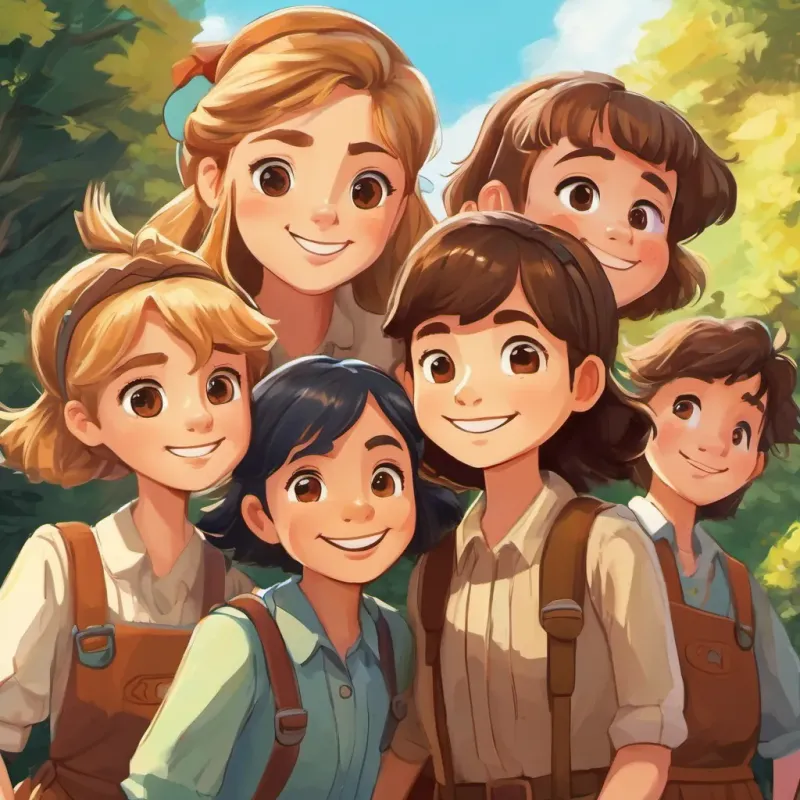 Laura has brown eyes and brown blonde stripy hair and her work mates remind us about the importance of friendship and teamwork. They all smile together.
