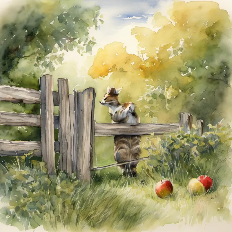 Late that afternoon, when Mr. Jenkins was taking an afternoon nap, Kaison mustered up all his courage. He climbed over the fence and reached out for an apple. But just as he was about to take a bite, he heard a stern voice. "What do you think you're doing?" shouted Mr. Jenkins, awakening from his nap.