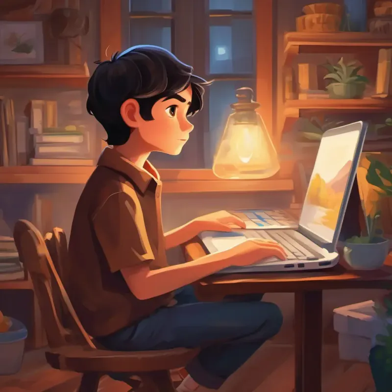 Young boy with dark hair, caring eyes, and a creative spirit's decision to create a blog, concept of sharing online.