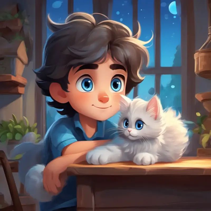 Content of Young boy with dark hair, caring eyes, and a creative spirit's first blog post, introduces character Brave kitten, fluffy grey fur, bright blue eyes, always curious.