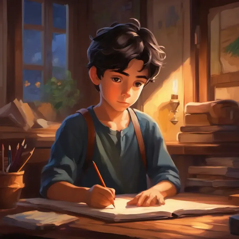 Depicts Young boy with dark hair, caring eyes, and a creative spirit's dedication to writing daily.