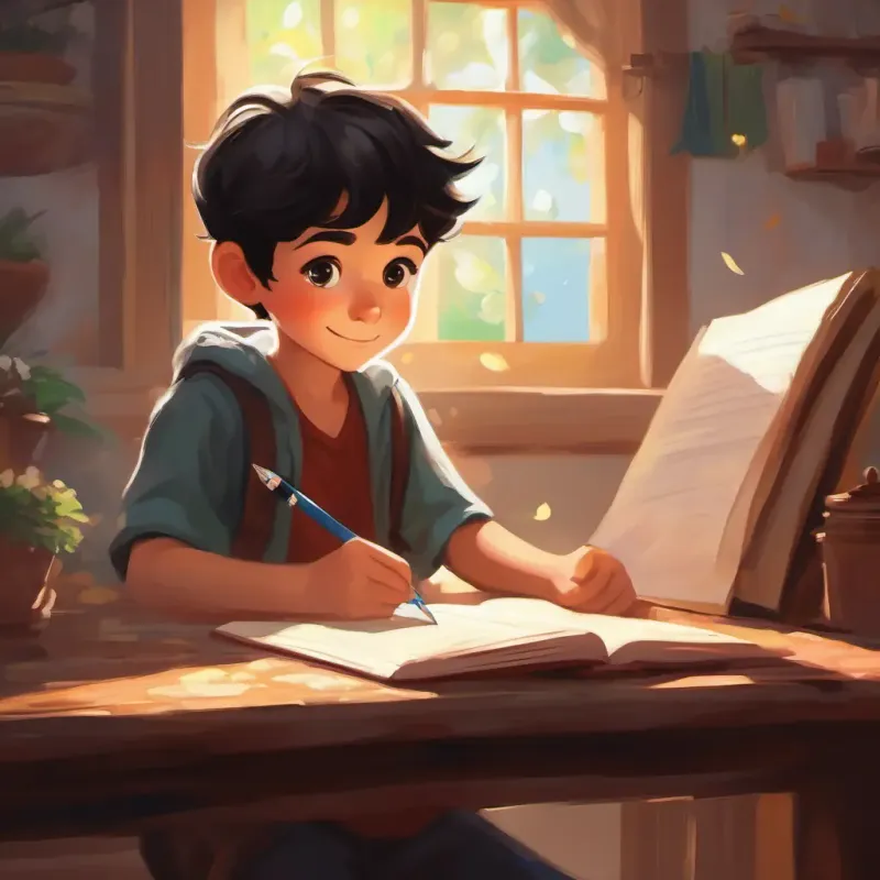 Young boy with dark hair, caring eyes, and a creative spirit experiences the joy of helping others through writing.