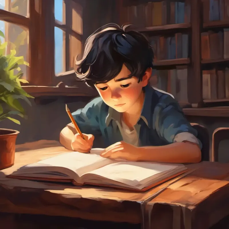 Character development, Young boy with dark hair, caring eyes, and a creative spirit's maturity in writing with others in mind.