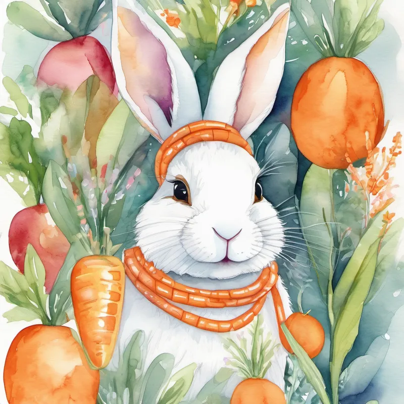 Friendly bunny with floppy ears and a orange carrot necklace. the bunny in a colorful garden