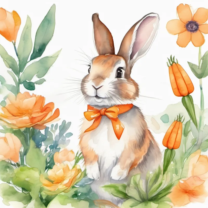 Friendly bunny with floppy ears and a orange carrot necklace. hopping near flowers and plants