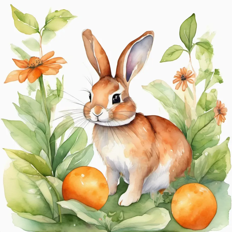 Friendly bunny with floppy ears and a orange carrot necklace. watering flowers, bird eating seeds, ladybug on leaf