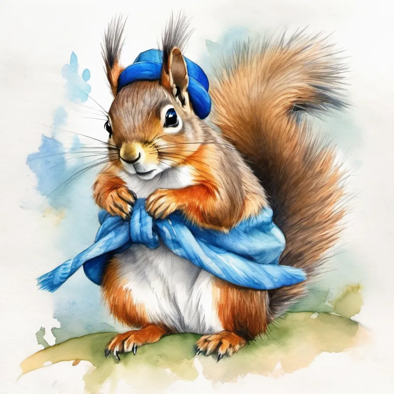 Playful squirrel with a bushy tail and a blue hat. the squirrel with a fluffy tail