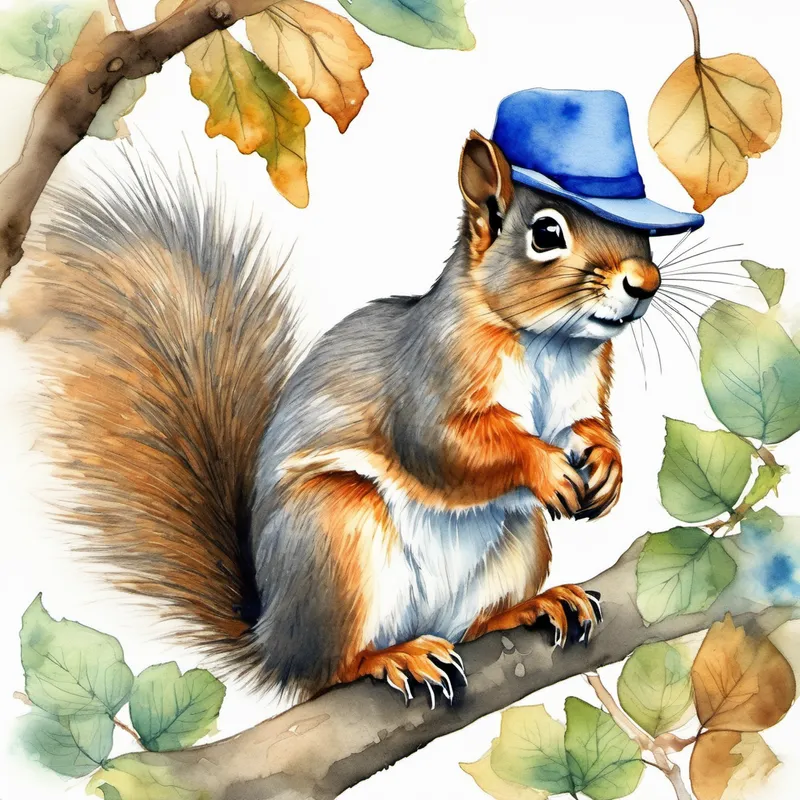 Playful squirrel with a bushy tail and a blue hat. looking under tree leaves