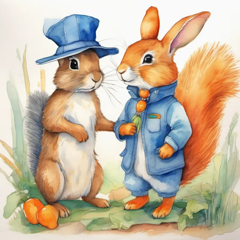 Friendly bunny with floppy ears and a orange carrot necklace. asking Playful squirrel with a bushy tail and a blue hat. if he needs help