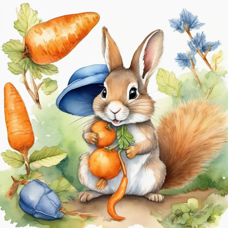 Friendly bunny with floppy ears and a orange carrot necklace. and Playful squirrel with a bushy tail and a blue hat. finding acorns in garden