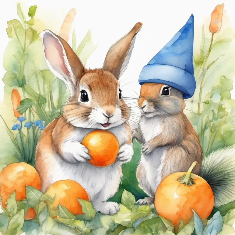 Friendly bunny with floppy ears and a orange carrot necklace. and Playful squirrel with a bushy tail and a blue hat. playing together in the garden