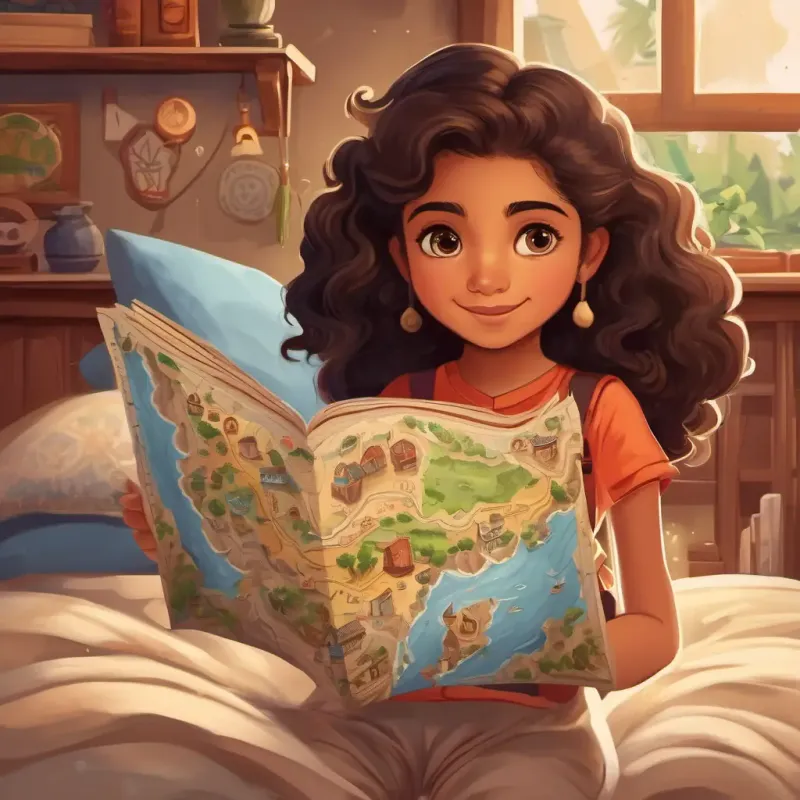 Yasmim, 9 anos, pele morena, cabelos cacheados abaixo dos ombros, olhos castanhos and Bianca, 5 anos, pele morena clara, cabelos cacheados, olhos travessos holding an old map with mysterious symbols, wearing pajamas in a cozy bedroom.