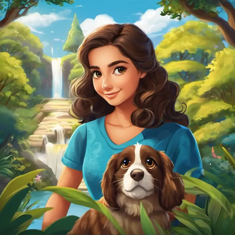 Yasmim, 9 anos, pele morena, cabelos cacheados abaixo dos ombros, olhos castanhos, Bianca, 5 anos, pele morena clara, cabelos cacheados, olhos travessos, and Estrela, cachorra vira-lata caramelo gordinha, de pelagem curta e macia, olhos brilhantes e expressivos standing in front of the magical park entrance gate, with Mister Duds, mágico adulto de mais de 30 anos, pele branca caucasiana, barba volumosa e castanha, veste terno elegante e cartola azul, olhos castanhos leaning against a mysterious tree.