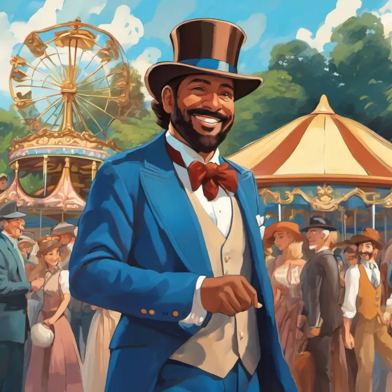 Mister Duds, mágico adulto de mais de 30 anos, pele branca caucasiana, barba volumosa e castanha, veste terno elegante e cartola azul, olhos castanhos smiling and pointing at the girls, dressed in an elegant suit, holding a blue top hat, with the park's carousel in the background.