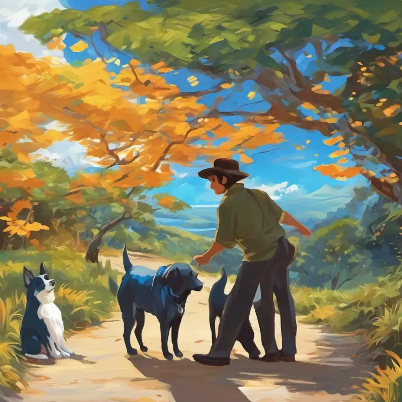 Mister Duds, mágico adulto de mais de 30 anos, pele branca caucasiana, barba volumosa e castanha, veste terno elegante e cartola azul, olhos castanhos surrounded by floating question marks, Yasmim, 9 anos, pele morena, cabelos cacheados abaixo dos ombros, olhos castanhos and Bianca, 5 anos, pele morena clara, cabelos cacheados, olhos travessos scratching their heads in confusion, Estrela, cachorra vira-lata caramelo gordinha, de pelagem curta e macia, olhos brilhantes e expressivos wagging her tail with excitement.