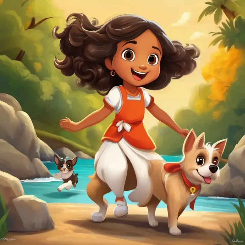 Estrela, cachorra vira-lata caramelo gordinha, de pelagem curta e macia, olhos brilhantes e expressivos leading the way, happily wagging her tail, while Yasmim, 9 anos, pele morena, cabelos cacheados abaixo dos ombros, olhos castanhos gracefully dances on a stone platform, Bianca, 5 anos, pele morena clara, cabelos cacheados, olhos travessos clapping and cheering.