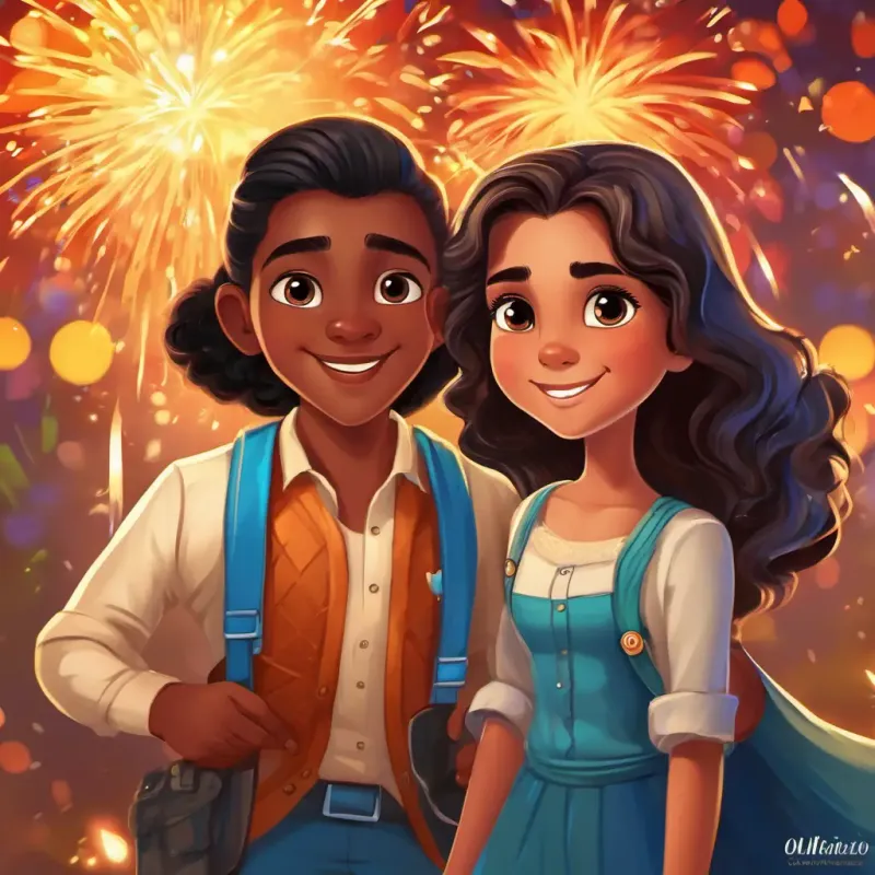 Yasmim, 9 anos, pele morena, cabelos cacheados abaixo dos ombros, olhos castanhos, Bianca, 5 anos, pele morena clara, cabelos cacheados, olhos travessos, Mister Duds, mágico adulto de mais de 30 anos, pele branca caucasiana, barba volumosa e castanha, veste terno elegante e cartola azul, olhos castanhos, and Estrela, cachorra vira-lata caramelo gordinha, de pelagem curta e macia, olhos brilhantes e expressivos basking in the applause, with colorful lights and fireworks painting the sky.