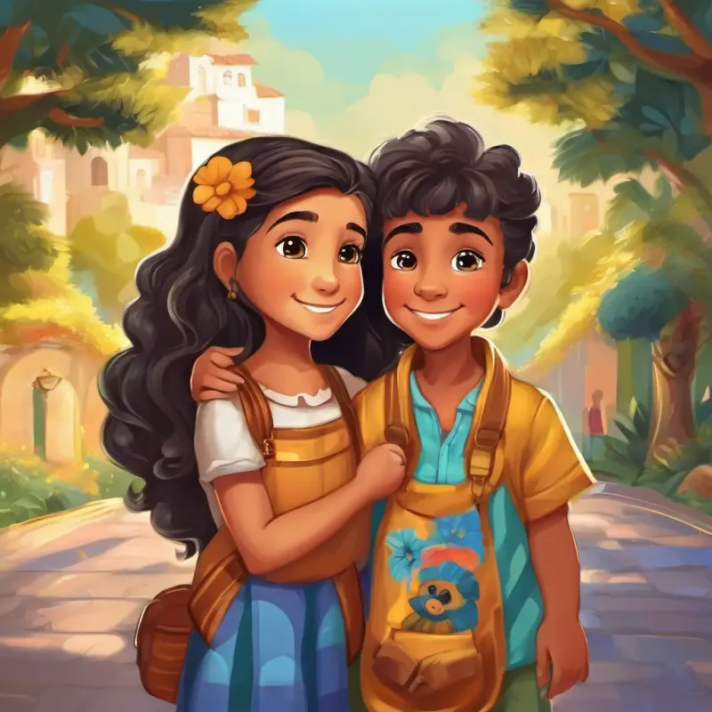 Yasmim, 9 anos, pele morena, cabelos cacheados abaixo dos ombros, olhos castanhos and Bianca, 5 anos, pele morena clara, cabelos cacheados, olhos travessos hugging each other, Mister Duds, mágico adulto de mais de 30 anos, pele branca caucasiana, barba volumosa e castanha, veste terno elegante e cartola azul, olhos castanhos patting Estrela, cachorra vira-lata caramelo gordinha, de pelagem curta e macia, olhos brilhantes e expressivos's head, with the park's entrance gate in the background.