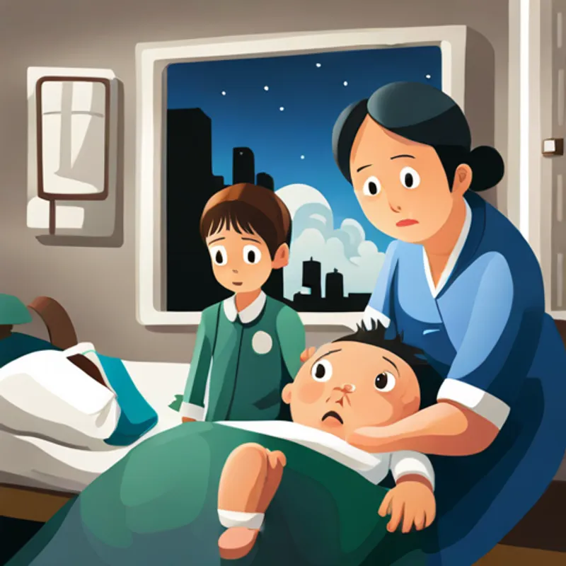 A sad baby in a hospital bed with her worried family beside her