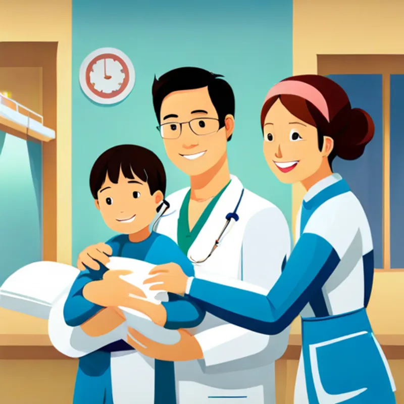 Smiling doctors and nurses taking care of baby Fay in the hospital