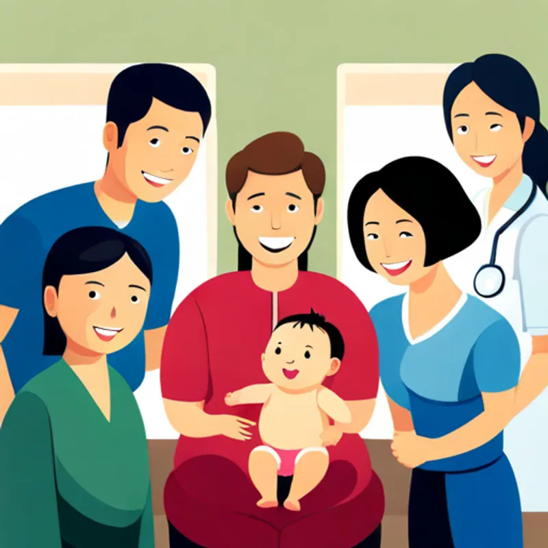 A happy baby smiling surrounded by her family and doctors