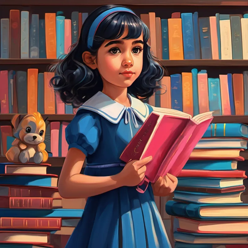 Niña con cabello negro, vestido rosado y zapatos azules con su mochila y libros