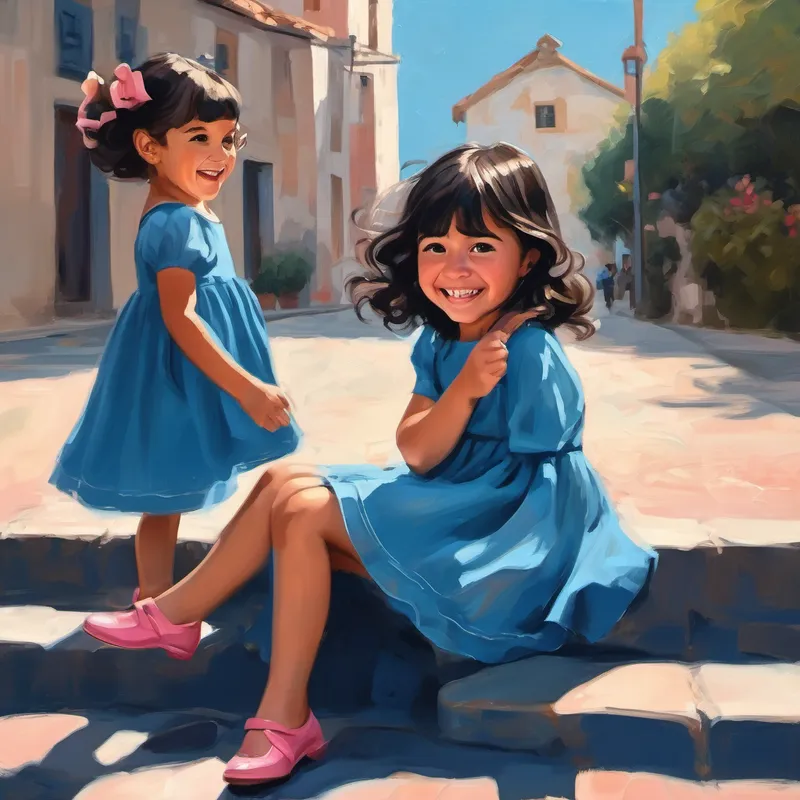 Niña con cabello negro, vestido rosado y zapatos azules sonriendo mientras habla con otros niños