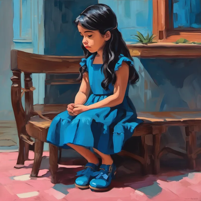 Niña con cabello negro, vestido rosado y zapatos azules sola y triste en un rincón